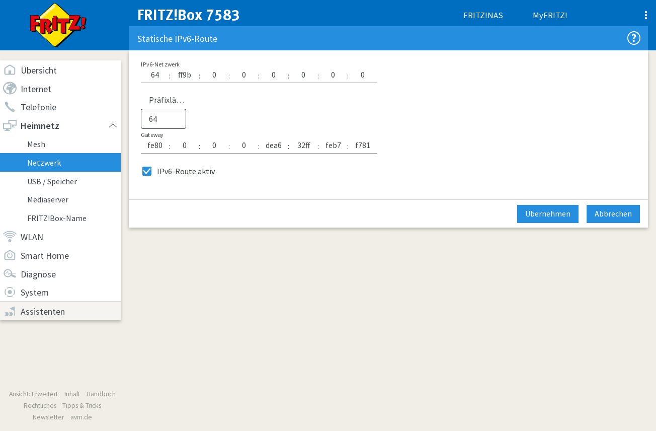 NAT64-Präfix
        Route in Fritzbox eintragen
